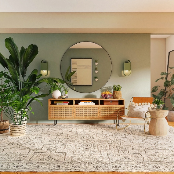 Ambiente da casa com decoração mais clean, cores neutras, poucos móveis e plantas 